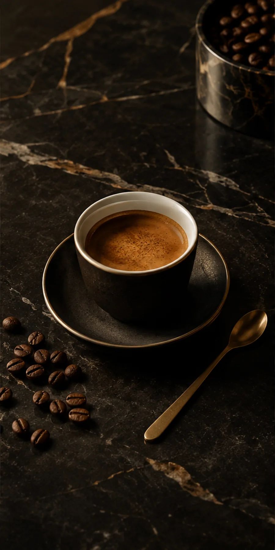 Memento Arabica espresso on black stone with coffee beans