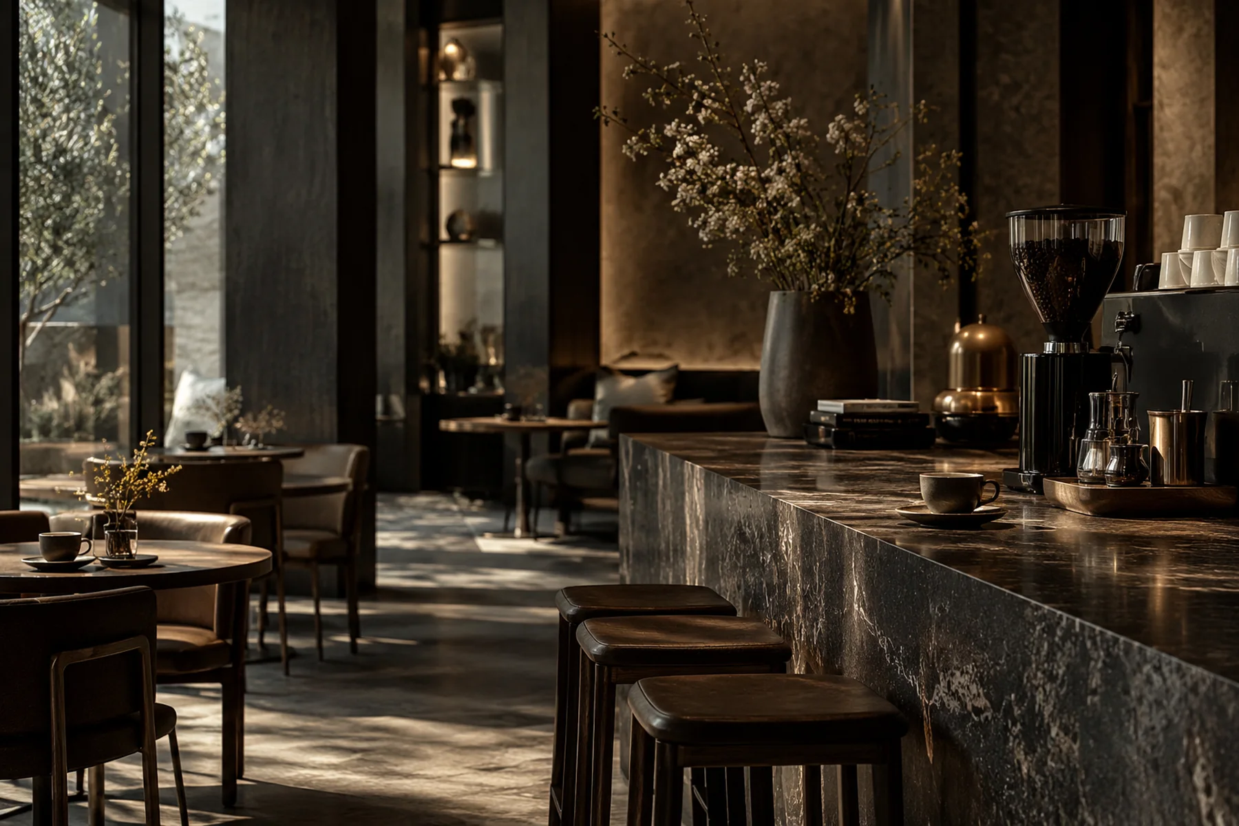 Memento Brews interior with dark marble, warm lighting, and refined coffee service