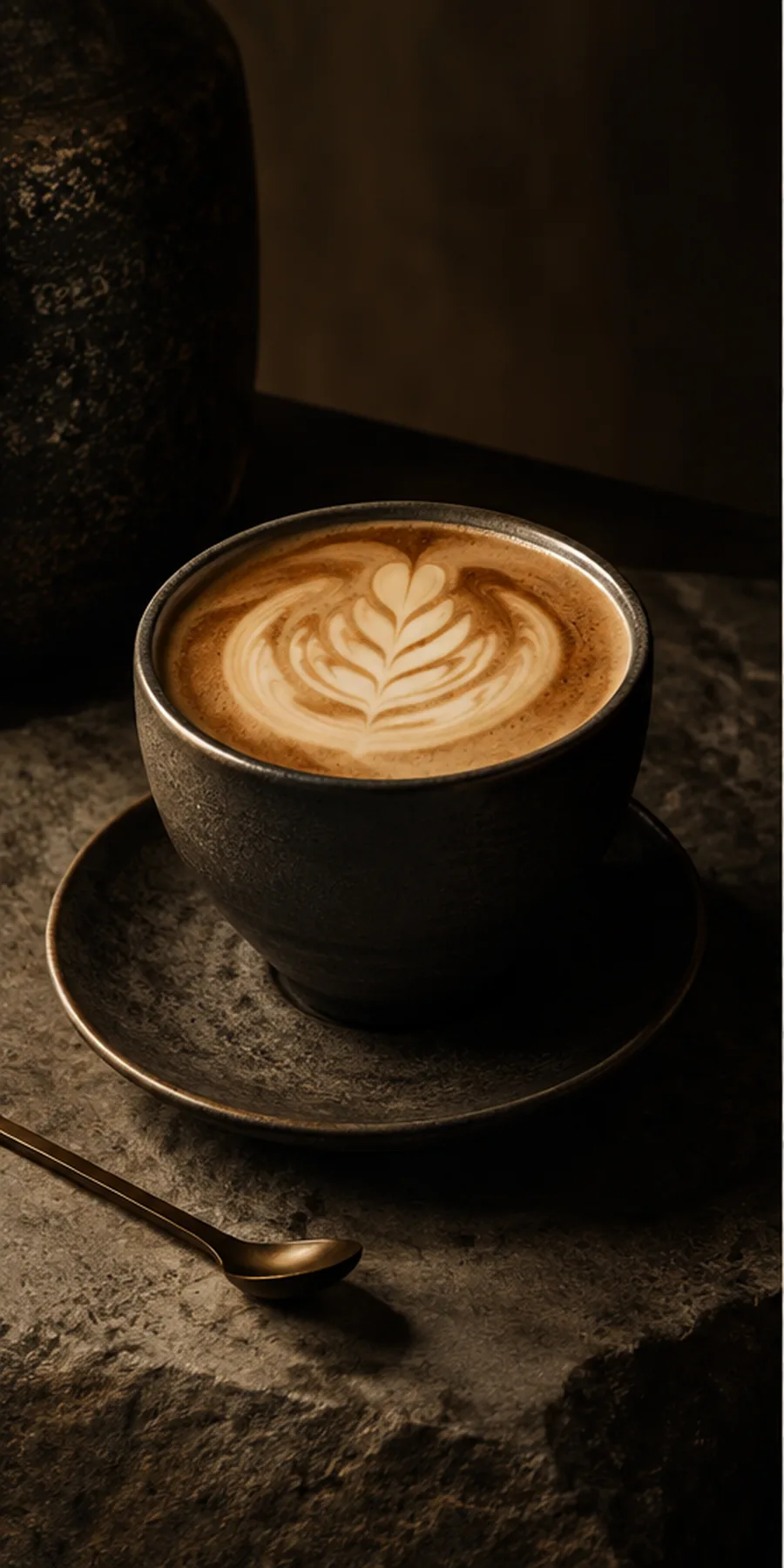 Memento Latte with delicate latte art in a dark ceramic cup