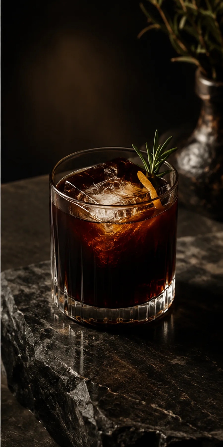 Memento Noir cold brew with a clear ice cube and rosemary garnish